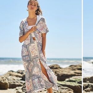 Blue and Pink Floral Swim Coverup with Flutter Sleeves (Bohemian Kimono)